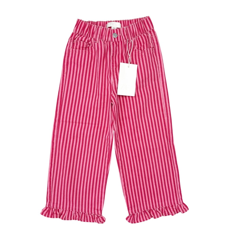 Zara Girls Pants Size 6 Pink Striped Ruffle Hem Colette School Kindergarten NEW